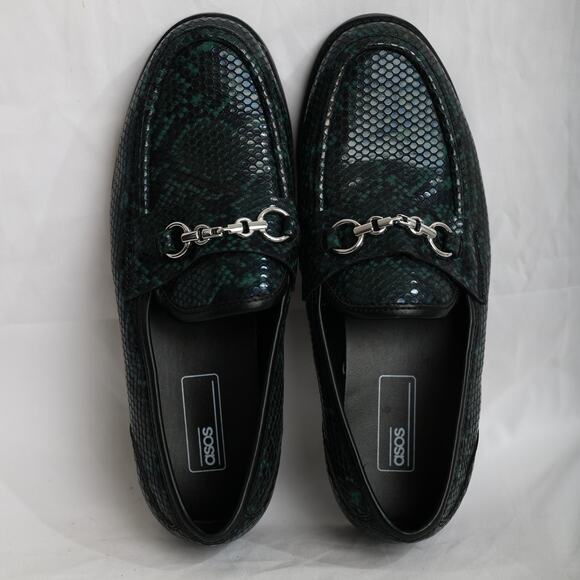 ASOS faux snake skin green black rounded toe size 7 loafers sliver buckle - Picture 2 of 7